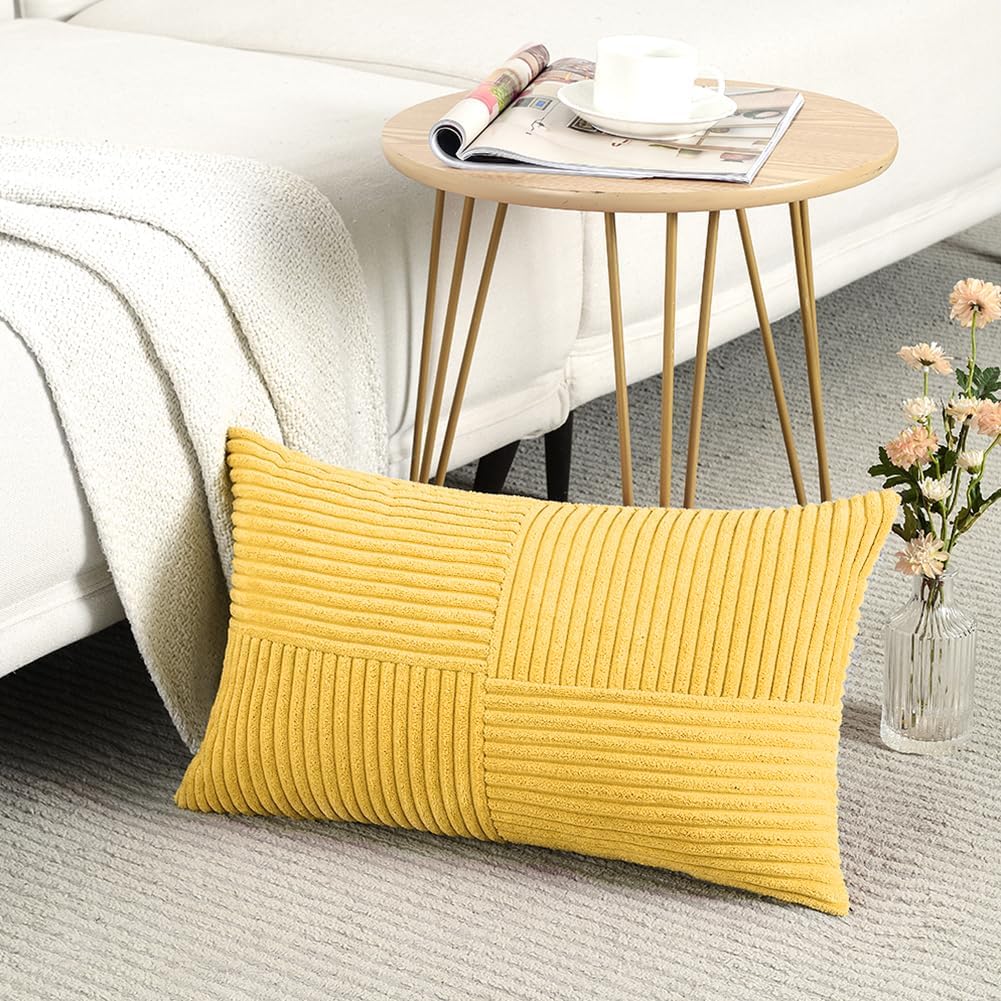 Fancy Homi 2 Packs Yellow Lumbar Decorative Throw Pillow Covers 12x20 Inch for Living Room Couch Bed Sofa, Farmhouse Boho Home Decor, Soft Striped Corduroy Rectangle Accent Cushion Case 30x50 cm