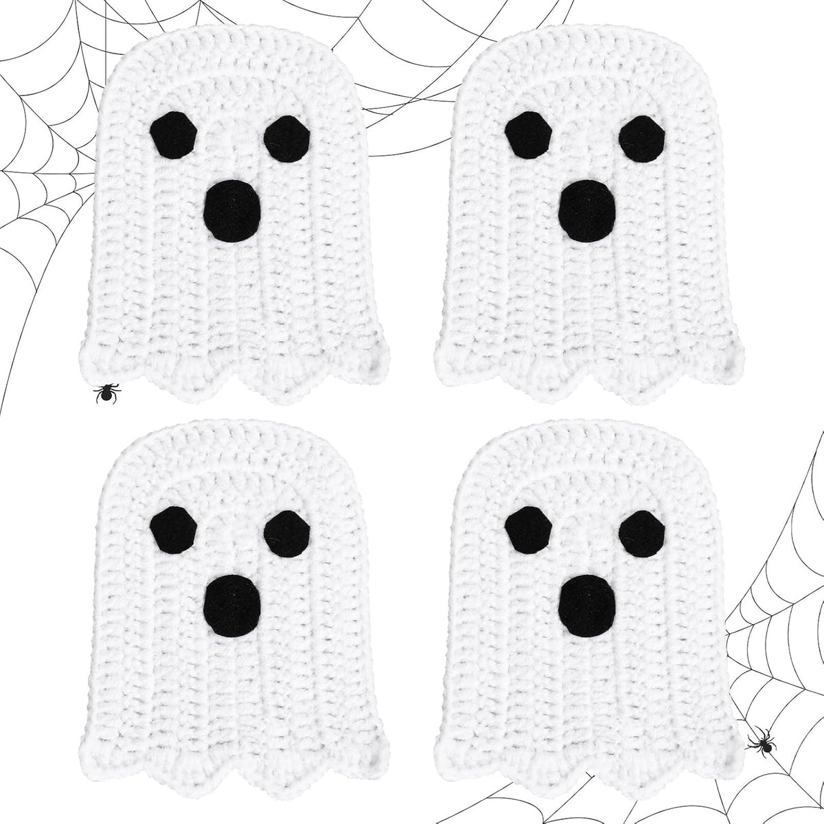 Whaline 4Pcs Halloween Ghost Coasters Handmade Crochet Drink Coasters Woven Fabric Cup Mat for Home Kitchen Party Table Decor