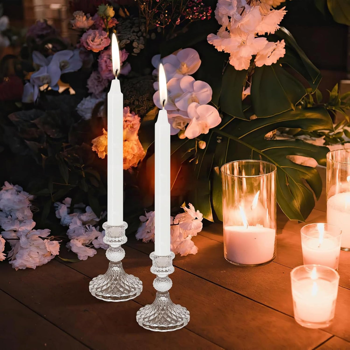 Candlestick Holders Set of 12-4" H Crystal Taper Candle Holders, Thick Glass Candle Stand with Diamond Pattern for Table, Wedding, Party, Church Decoration, Home Decor