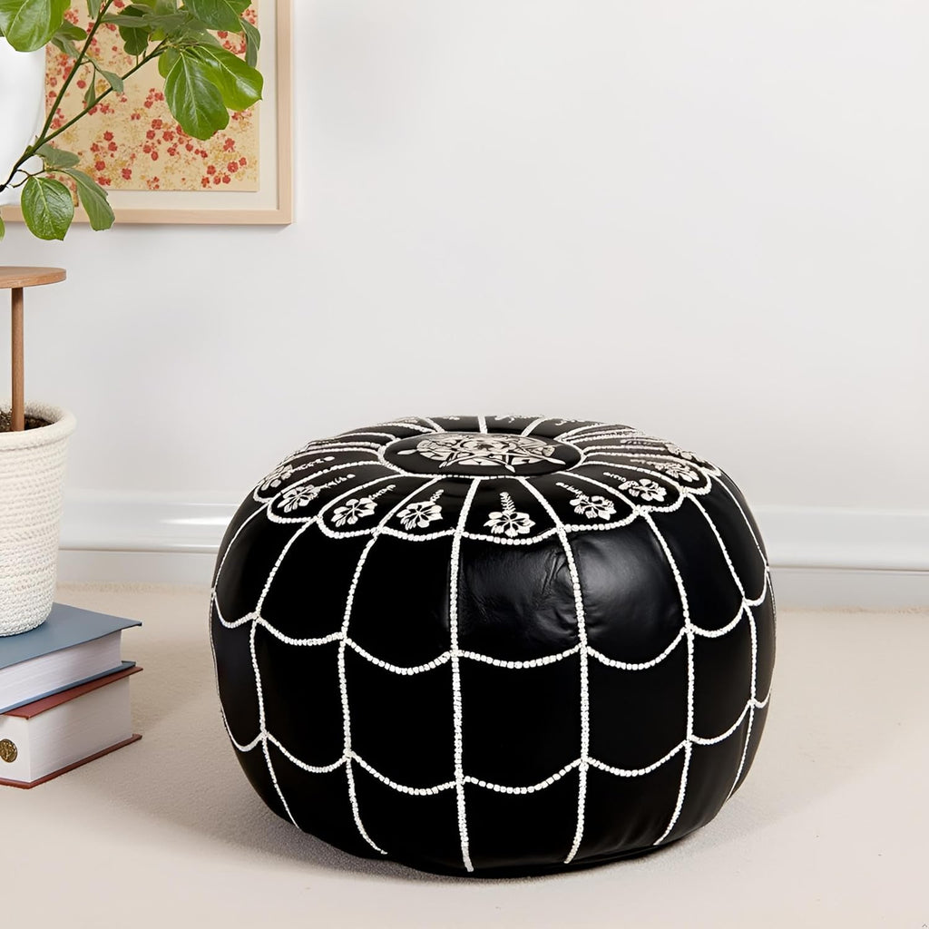 Stuffed Arch Design Moroccan Leather Pouf Ottoman, Handmade, Pre-Filled, 100% Genuine Leather, 14” Height x 22” Diameter – Boho Chic Footstool & Living Room Décor (Black)