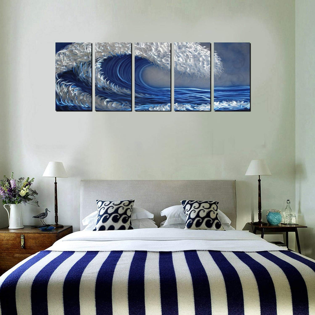 Ocean Metal Wall Art, Handcrafted Abstract Metal Artwork, Large Scale Blue and Silver Wall Art, Unique 3D Aluminum Painting, Great for Indoor and Outdoor, 5-Panels Measures 64" x 24"