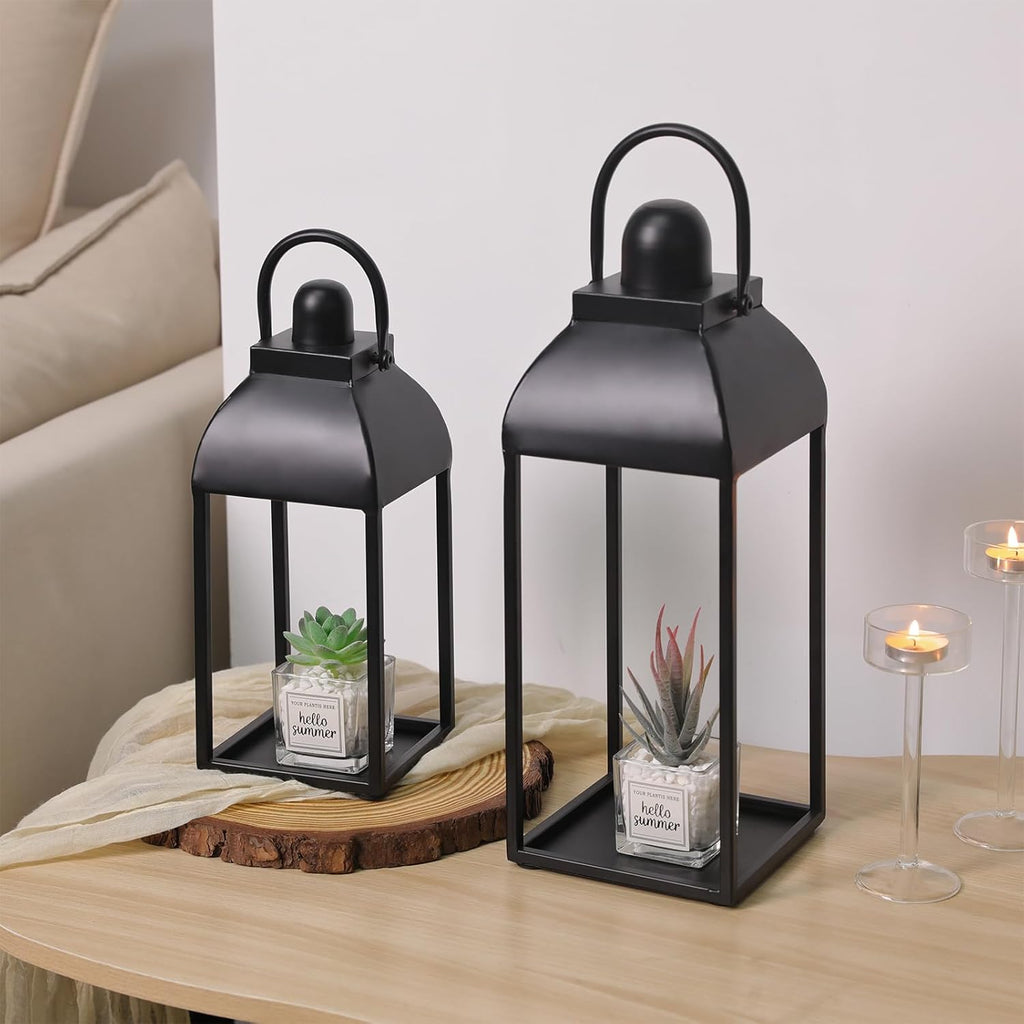Lanterns Decorative Outdoor Indoor, Black Metal Outdoor Lanterns, 17'' 13'' Set of 2 Modern Farmhouse Candle Lantern Halloween Lanterns Centerpieces for Home, Wedding, Patio, Porch, Mantel