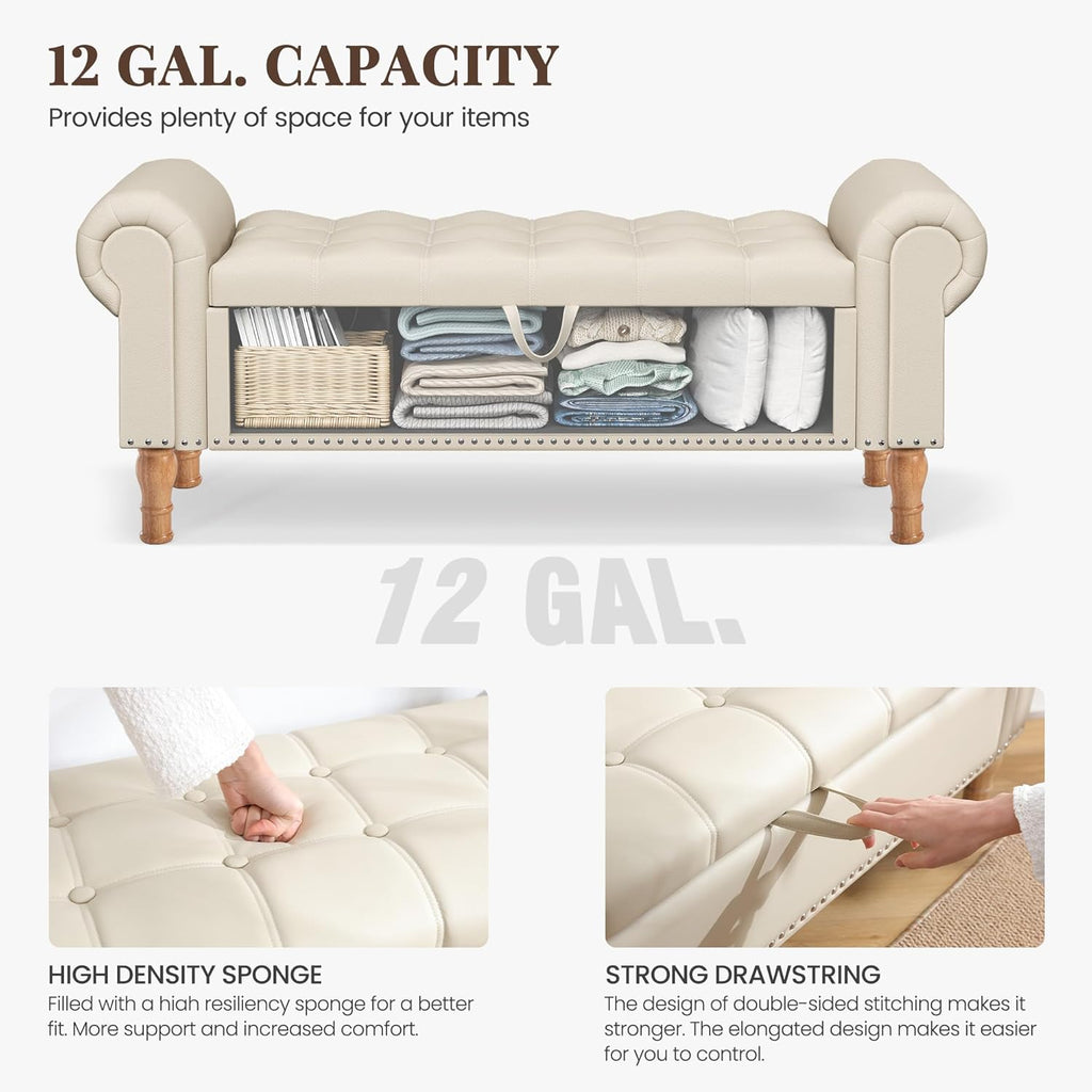 Storage Ottoman Bench for Bedroom, 51" Upholstered Bench with Rolled Arms and Vintage Rivets for Living Room, Full & Queen Leather Storage Bench with Button for Entryway, Beige+Nature Legs