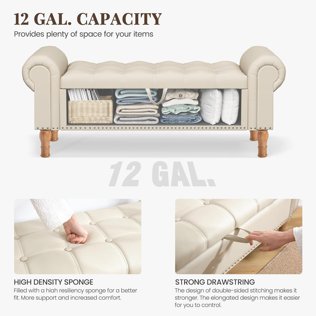Storage Ottoman Bench for Bedroom, 51" Upholstered Bench with Rolled Arms and Vintage Rivets for Living Room, Full & Queen Leather Storage Bench with Button for Entryway, Beige+Nature Legs