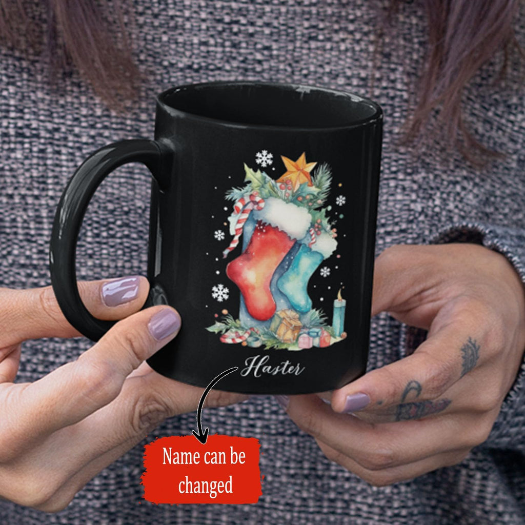 Custom Funny Christmas Cup, Christmas Sock With Gifts And Candle Design Mug, Customized Name Christmas Black Cup 11oz 15oz, Personalized Coffee Mug For Christmas, Christmas Sock Detailed Cup