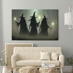 Vintage 3 witches canvas wall decor melancholy dark Halloween poster wall decor holding a staff print Gothic horror Halloween painting print for living room bedroom20x30in Wood Framed