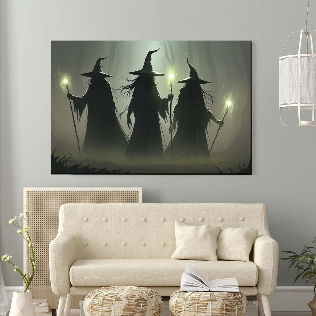 JFHCQJPK Vintage 3 witches canvas wall decor melancholy dark Halloween poster wall decor holding a staff print Gothic horror Halloween painting print for living room bedroom24x36in Frameless