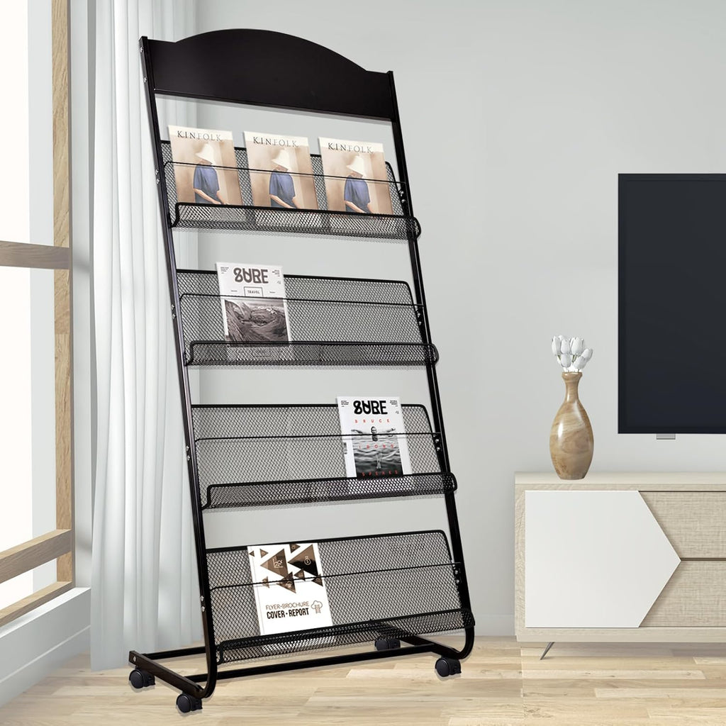 Floor-Standing Magazine Rack, 4-Layer Brochure Display Stand Tiered Design Magazine Stand Detachable Magazine Display with Casters for Exhibitions, Shopping Malls, Hospitals, Offices