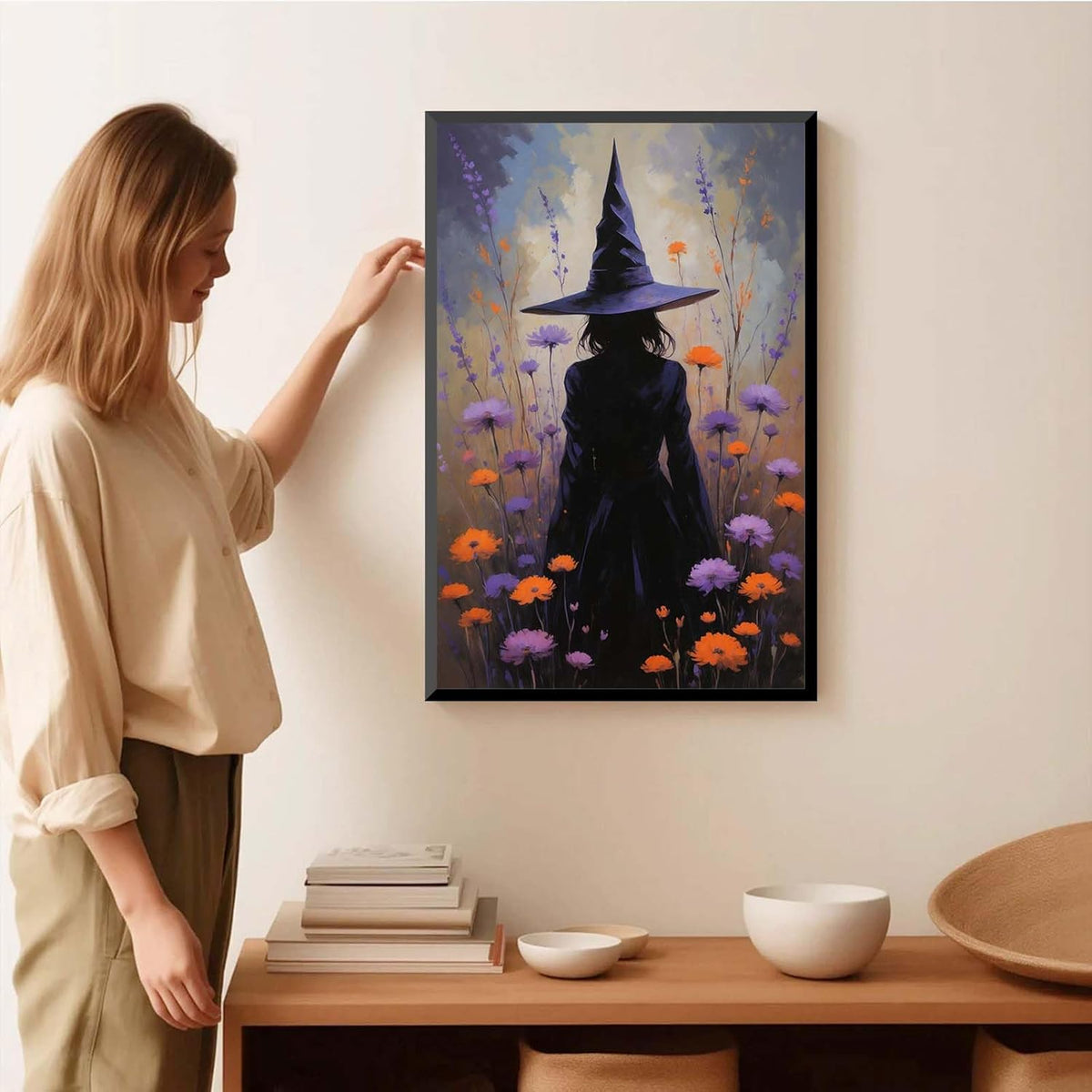 JFHCQJPK Country wildflower witch canvas print halloween mashup art witch purple decoration bohemian elegant art poster24x36in Metal blackFramed