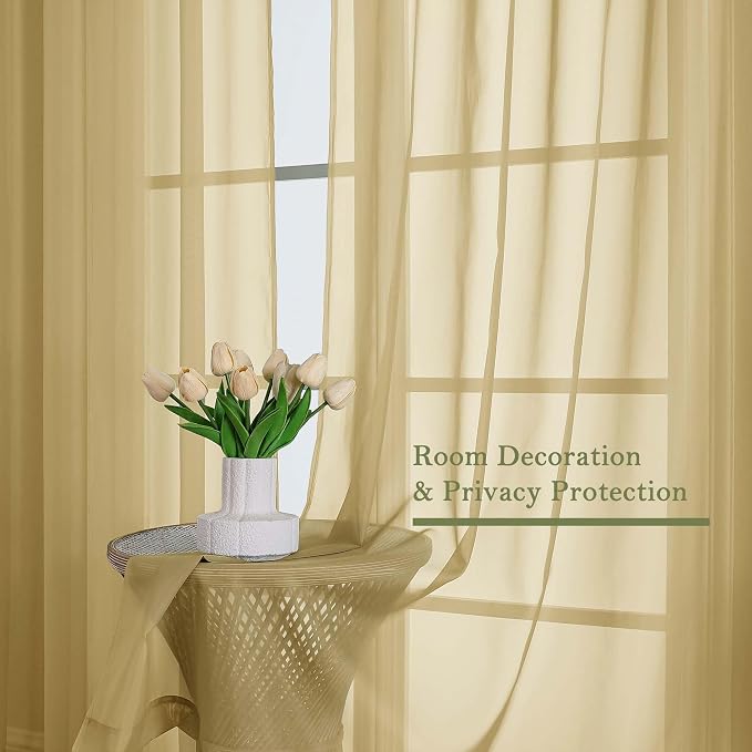 Gold Sheer Curtains 120 Inches Long 2 Panels Set, Rod Pockets Light Filtering - Image 7