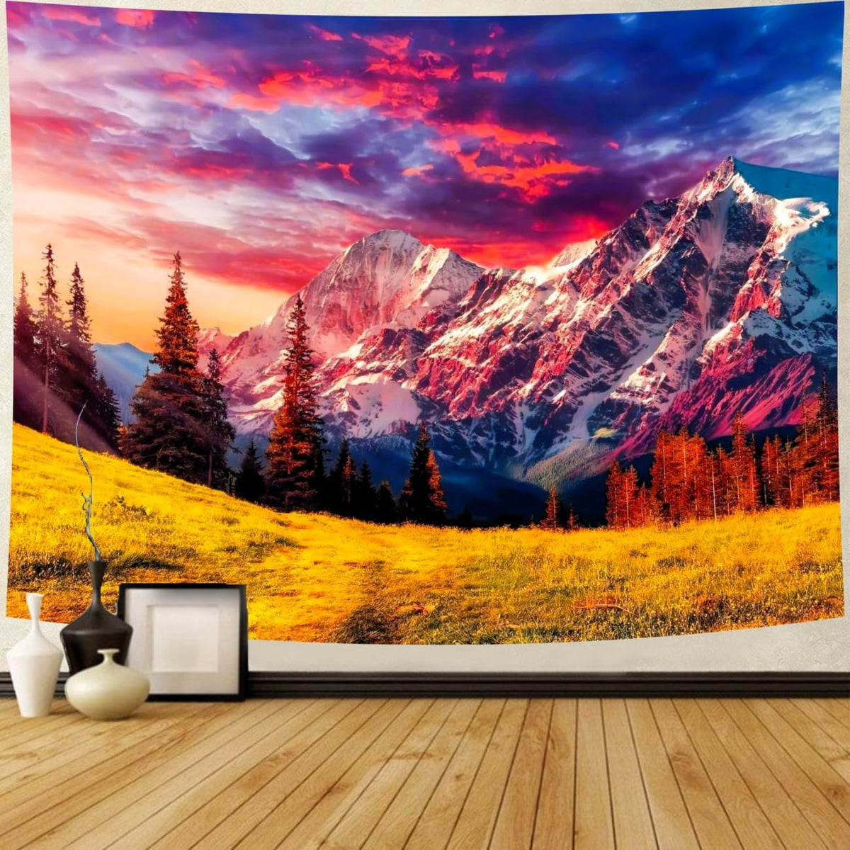 Delur Mountain Tapestry Sunset Forest Tree Nature Tapestry Wall Hanging Sunrise Psychedelic Scenic Landscape Headboard for Bedroom Living Room Home Decor (59.1" x 78.7")