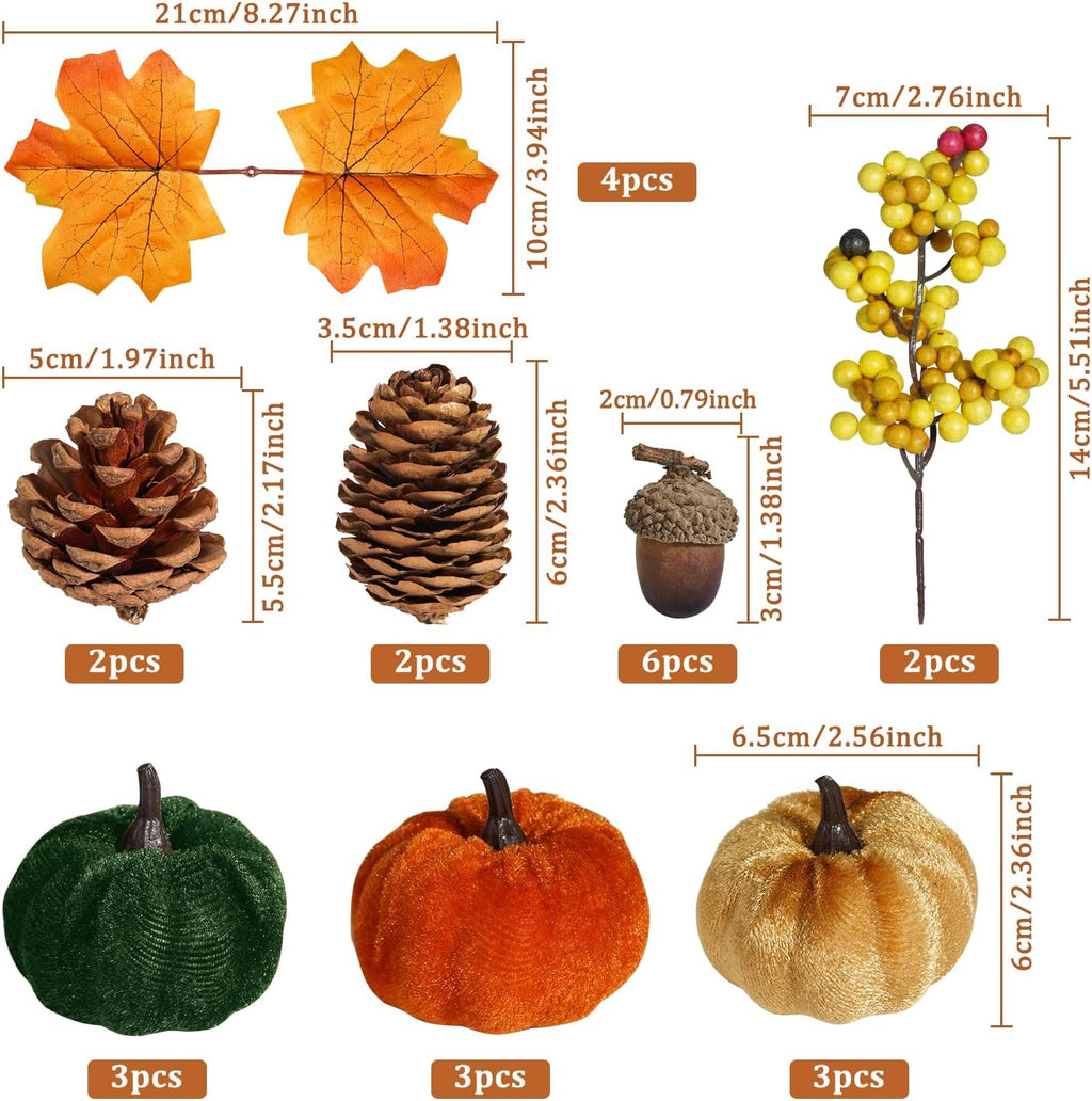 Artmag Fabric Pumpkins Set Decor, 25 PCS Fall Artificial Maple Leaves, Harvest Pumpkins, Acorns, Pine Cones and Orange Berry Stems Decorations for Fall Thanksgiving Table Home