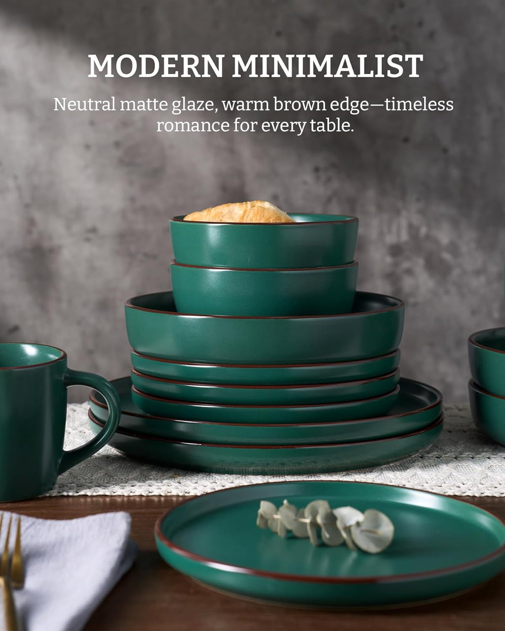 Famiware Mercury 24 Pieces Dinnerware Sets, Plates and Bowls Sets for 8, Microwave and Dishwasher Safe Dish Set, Dark Green