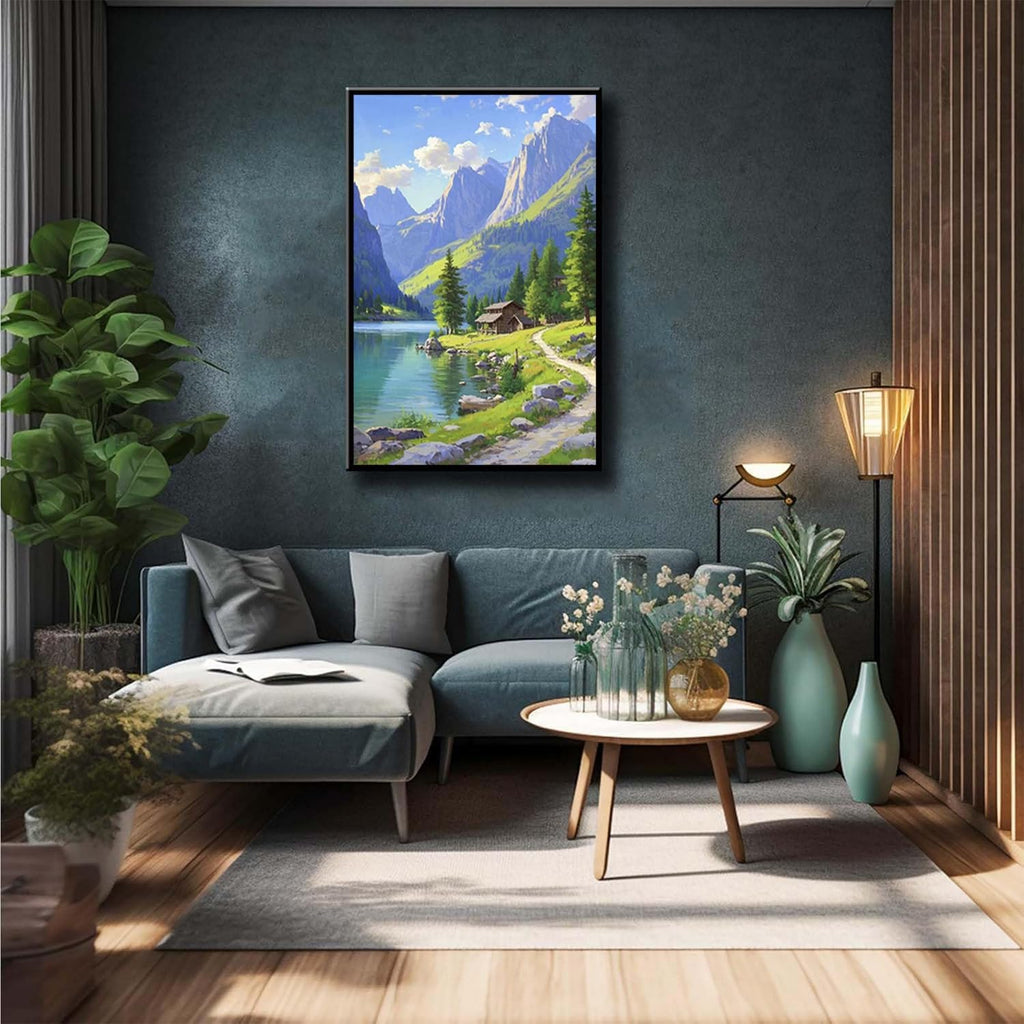 Landscape wall painting of mountain forest lakeside cabin under blue sky and white clouds natural oil painting poster suitable for living room bedroom office