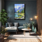 Landscape wall painting of mountain forest lakeside cabin under blue sky and white clouds natural oil painting poster suitable for living room bedroom office
