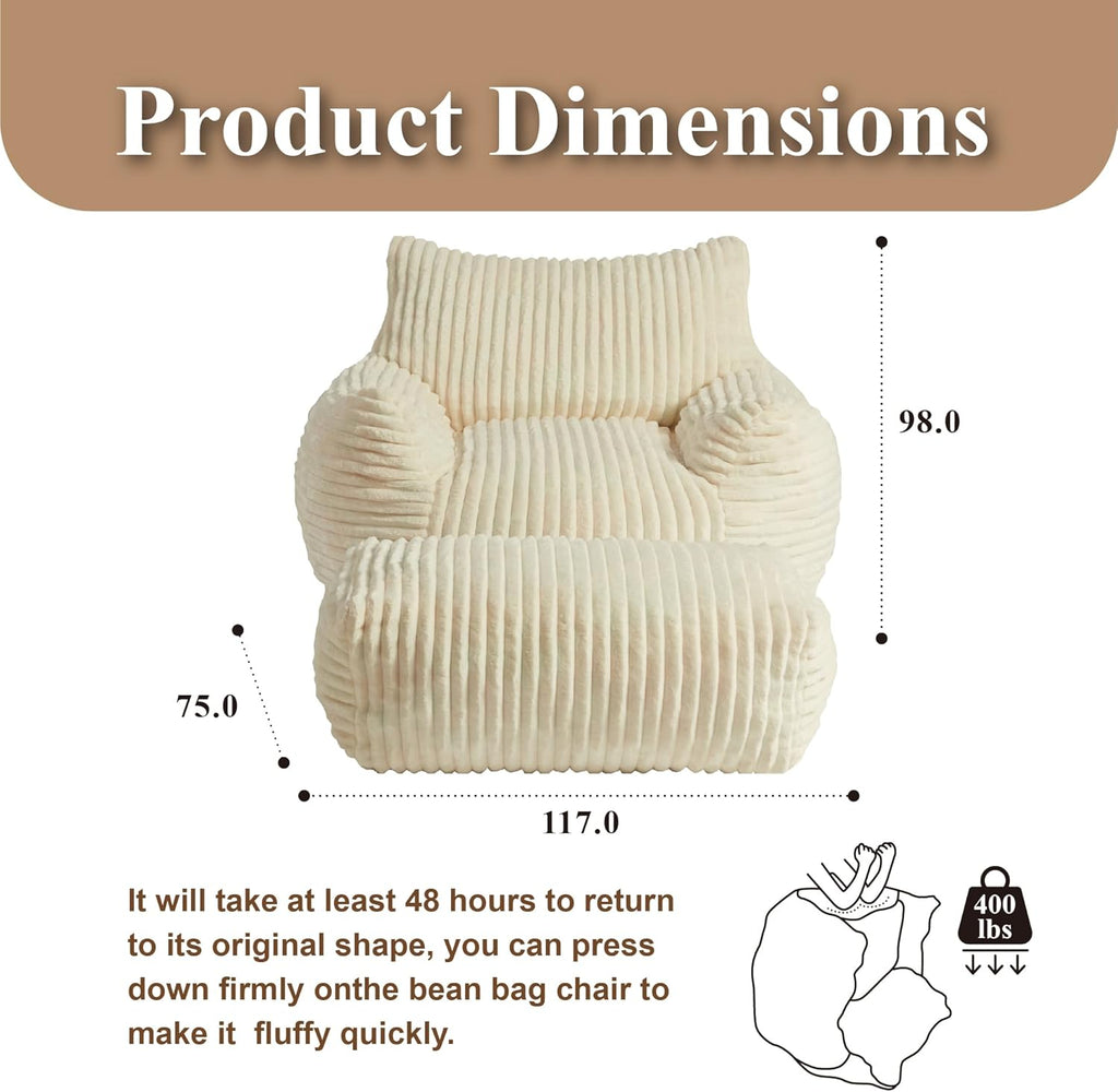 Premium Beige Bean Bag Chair for Adults with Armrest- Ultra Plush Memory Foam Lounge Sofa & Comfy Reading Nook Chair for Bedroom, Living Room & Dorm (White, with Footrest)