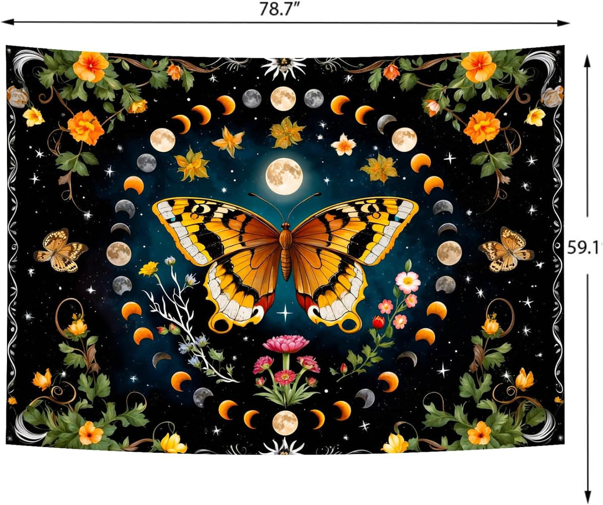 Delur Butterfly Moon Flower Tapestry Botanical Floral Plant Boho Tapestry Wall Hanging Mandala Aesthetic Mushroom Retro Vintage Headboard for Bedroom Living Room Home Decor (59.1" x 78.7")