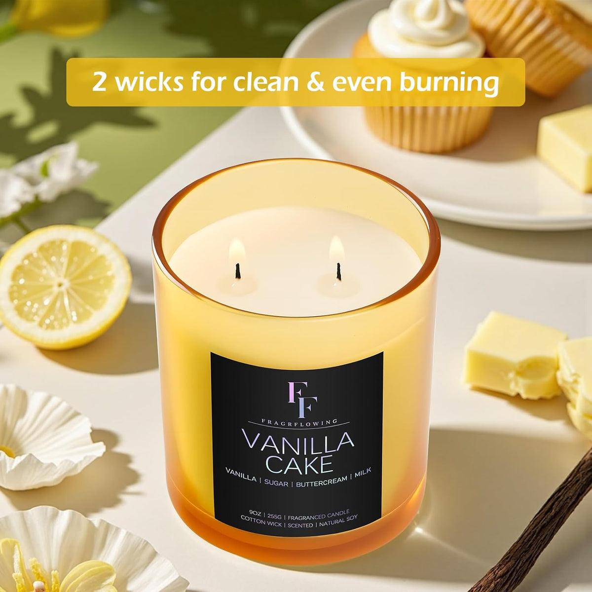 Vanilla Cake Scented Candle, 2-Wick Luxury Soy Wax Candle, 9 oz Aromatherapy Candle Home Fragrance Candles Gift