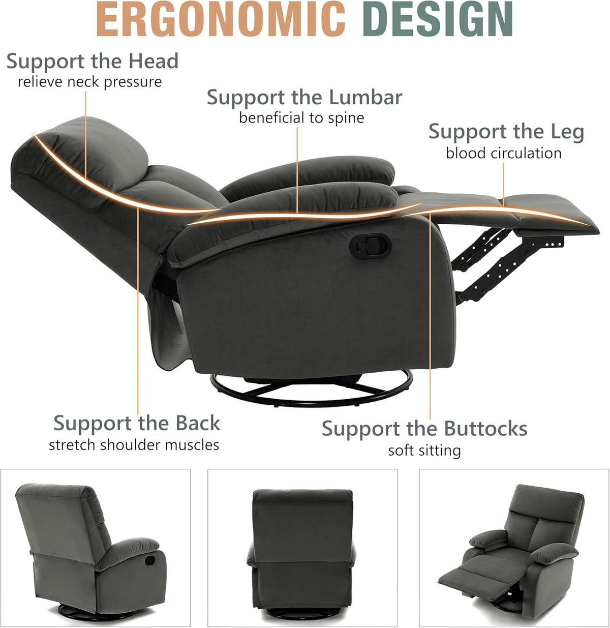Swivel Rocker Recliner for Adults, Rocking Small Recliner Chair for Small Spaces, Glider-Nursery Rocking Chair for Living Room, RV, Nursery, Bedroom, Grey