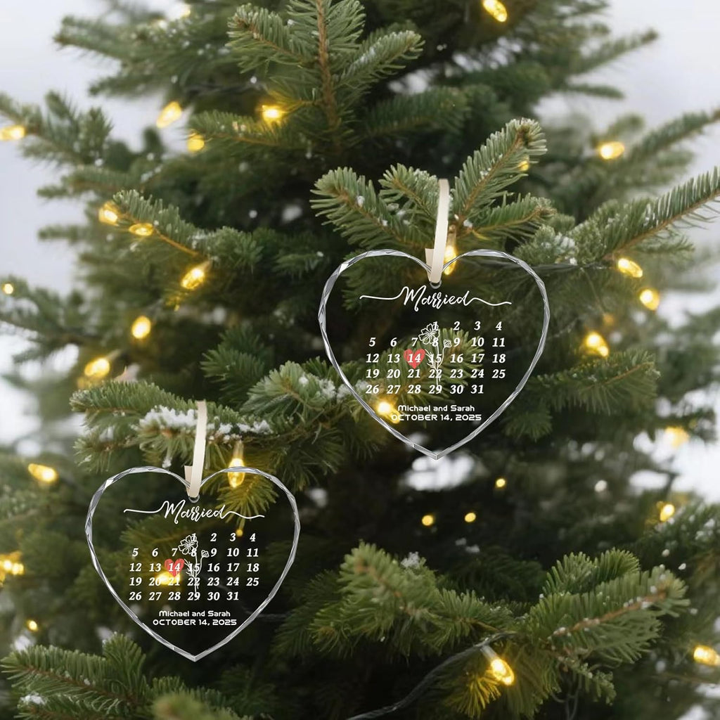 First Christmas Married Ornament 2025, Custom Wedding Crystal Glass Ornament with Photo, Name or Date, Personalized Wedding or Bridal Shower Gifts for Newlyweds