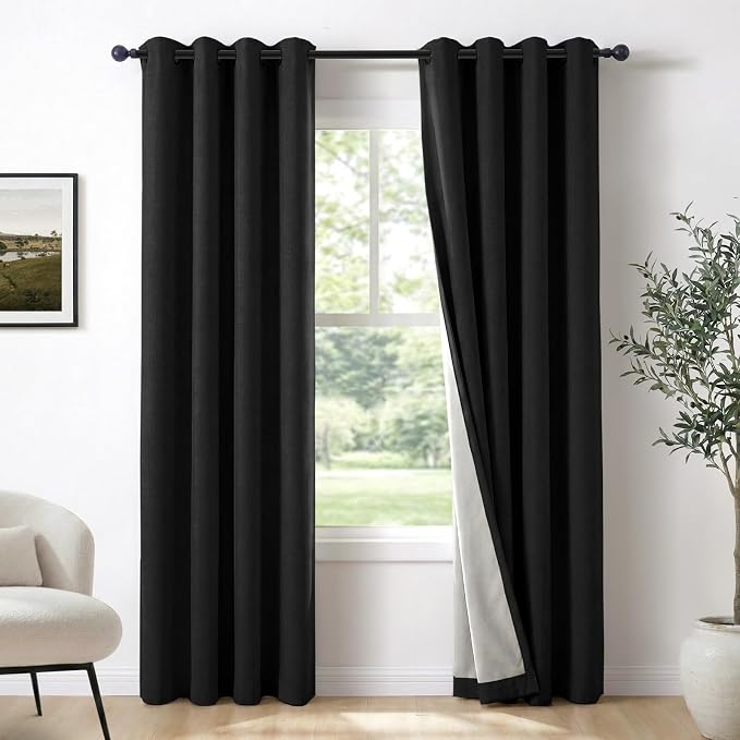 100% Blackout Linen Textured Curtains 63 Inch Long, Light Blocking, Thermal by 100BlackoutShield