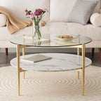 Round Coffee Table for Living Room, Mid-Century Modern Design, D30 x H17, 2-Tier Structure, Clear Glass Top and White Marble Finish Wood Shelf, Sleek Conical Metal Legs with Gold Finish Frame
