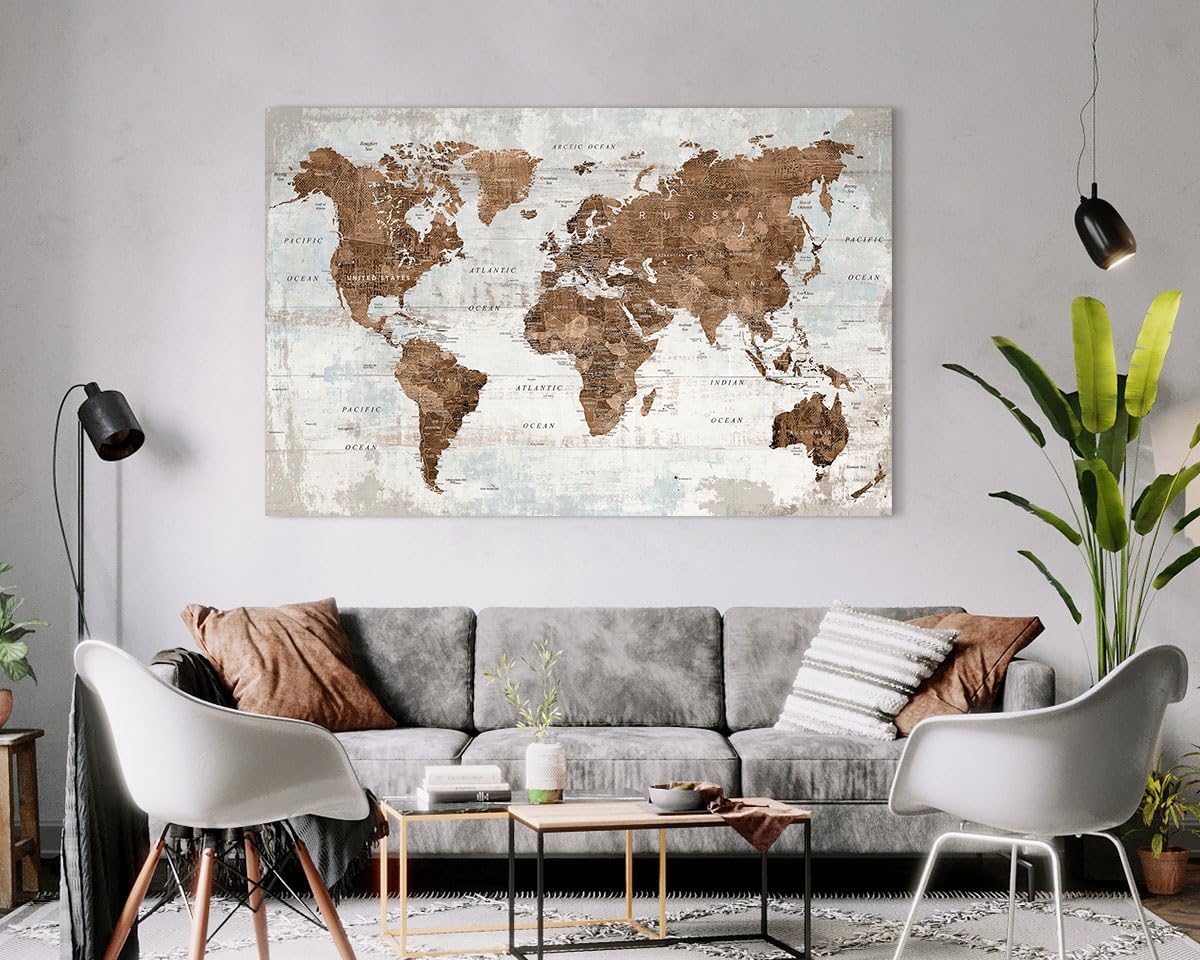 Large Wall Art Vintage Brown World Map Canvas Pictures for Men Home Office Bedroom Wall Decor for Living Room Oversize Artwork
