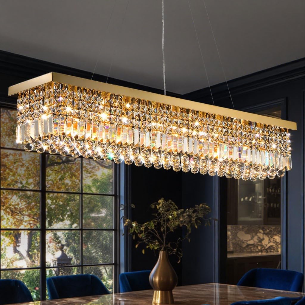10 Lights Modern Crystal Chandelier, Gold K9 Rectangle Rectangular Chandeliers,Luxury Flush Mount Pendant Ceiling Light for Dining Room Kitchen Island L47''xW10''xH10''