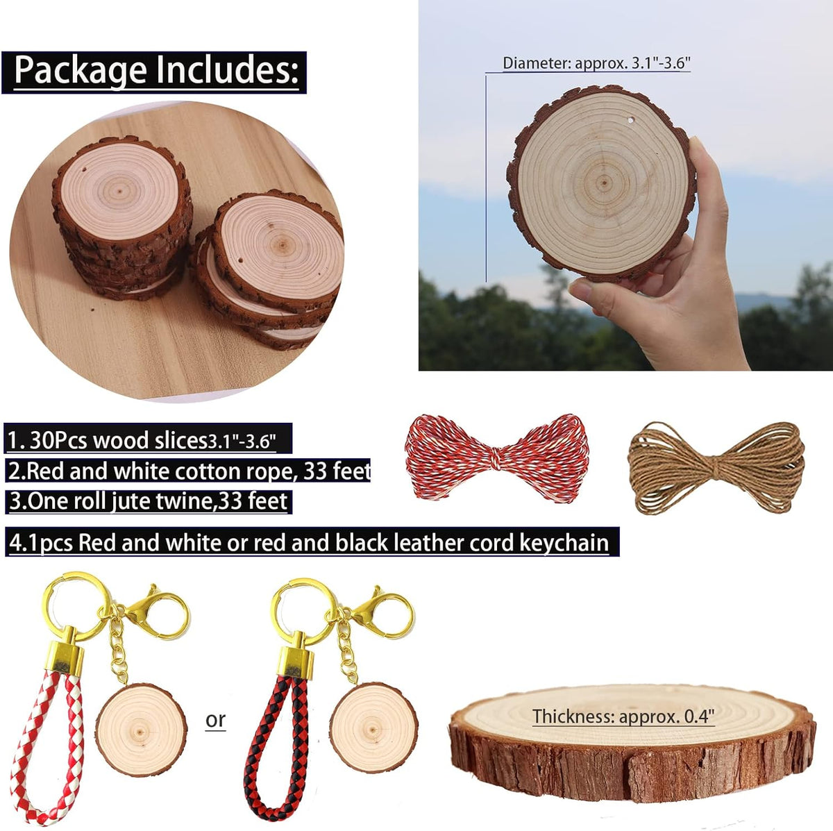 SENMUT Wood Slices 30 Pcs 3.1-3.6inch Natural Rounds Unfinished Wooden Circles Christmas Ornaments for Crafts Wood Kit Predrilled with Hole Wood Coasters, Craft Supplies for DIY and Painting