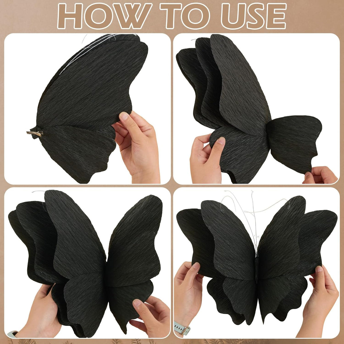 Party Butterfly Decorations, Black 3D Butterfly Birthday Decoration, 4 Pcs Crepe Paper Hanging Decor for Room, School, Black Theme, Flower Party for Garden, Dining Table Decor