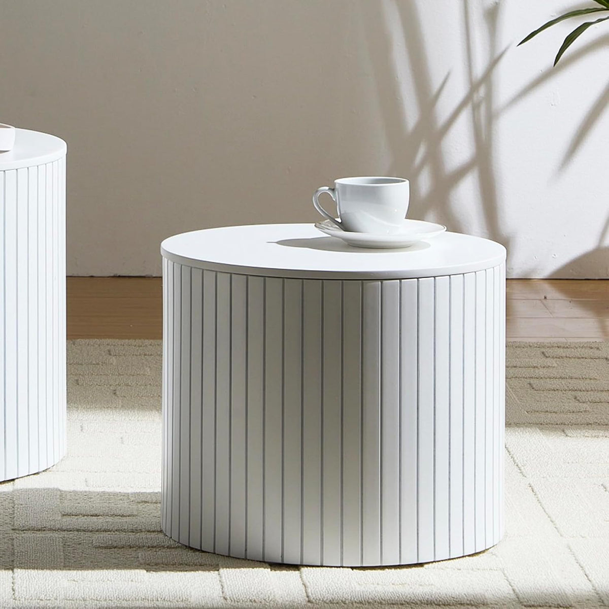 Nesting Cofee Tables Set of 2 with Storage, Modern Round Wooden Coffee Table Circle Side Tables Accent Walnut Table for Living Room, Small Spaces, Bedroom,Balcony, Office(19.17" White)
