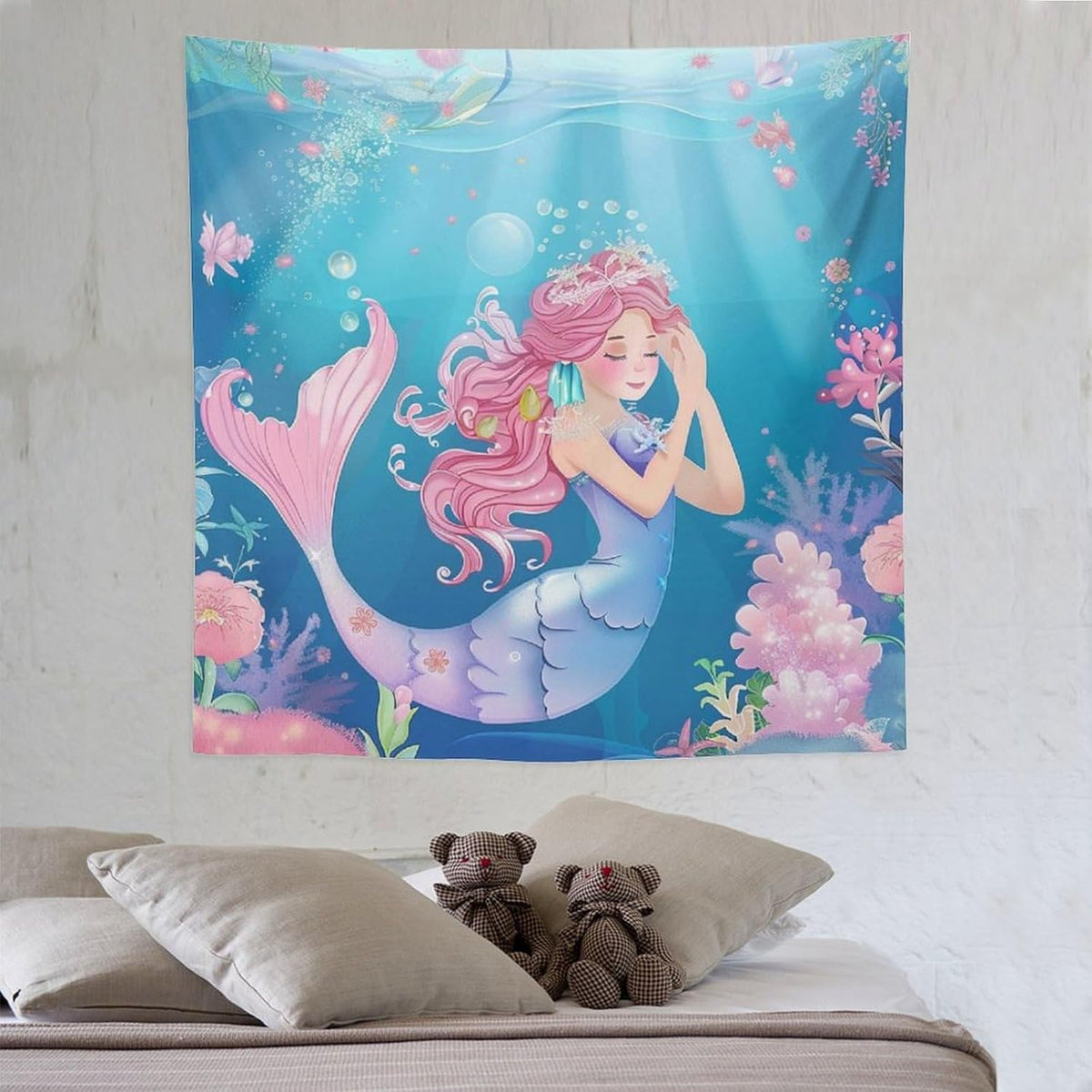 HZOHNAGO Mermaid Girls Tapestry Watercolor Flowers Mermaid Princess Blessing Pattern for Kids Room Decoration Printed Wall Tapestry Wall Hanging for Bedroom Living Room Dorm 60" W x 60" H