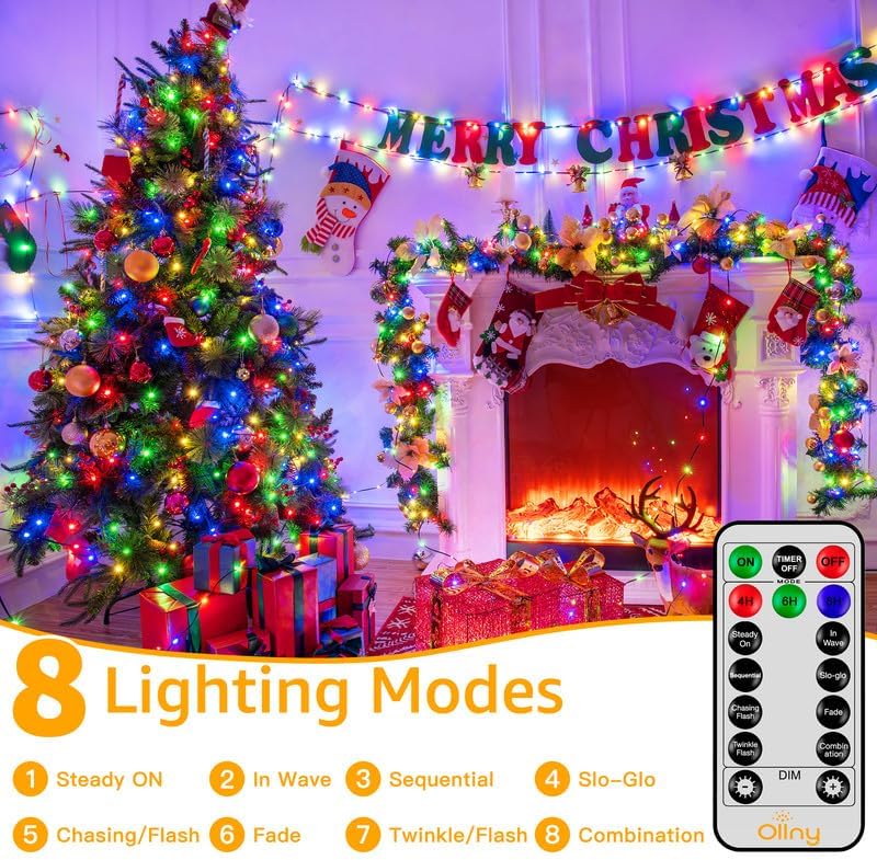 Ollny Christmas Lights, 198 FT 600 LED Outdoor Waterproof Plug in Christmas Tree Lights with 8 Modes Remote Timer, String Lights for House Yard Outside Indoor Xmas Decorations Multicolor