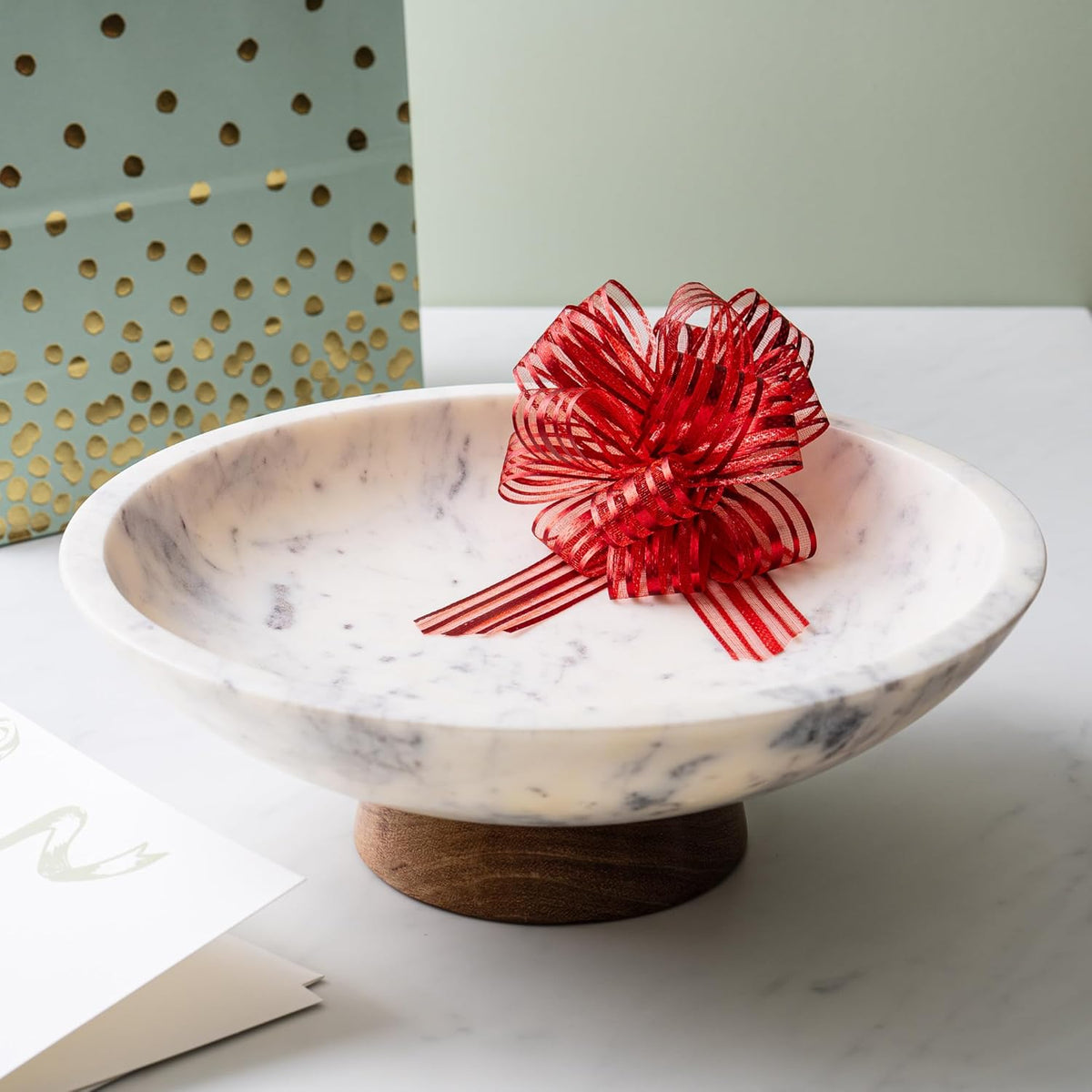 Cork & Mill Marble Decorative Bowl for Home Decor - Handcrafted Natural Stone with Acacia Wood Pedestal - Versatile 11" Catch All for Entryway, Kitchen Fruit Bowl, Potpourri, Dining Table Centerpiece