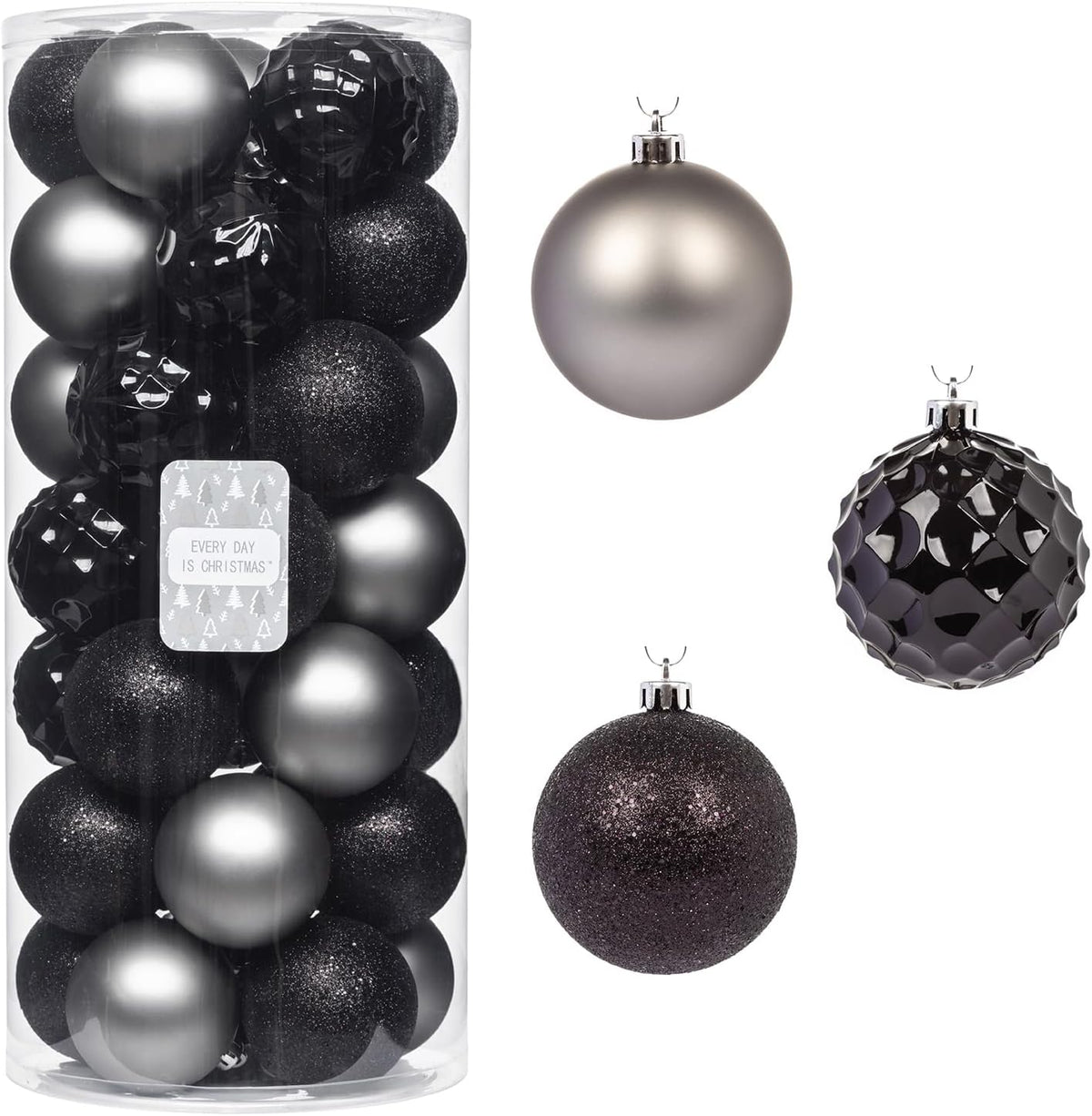 Every Day is Christmas Ornaments, Shatterproof Christmas Tree Ornament Set, Christmas Balls Decoration 35 Count (2.75"/70mm, Black Grey)