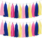 Tissue Paper Tassel Garland Banner, 20 Pack, Hot Pink Navy Blue Lemon Yellow Pink, Party Decorations for Birthday, Baby Shower
