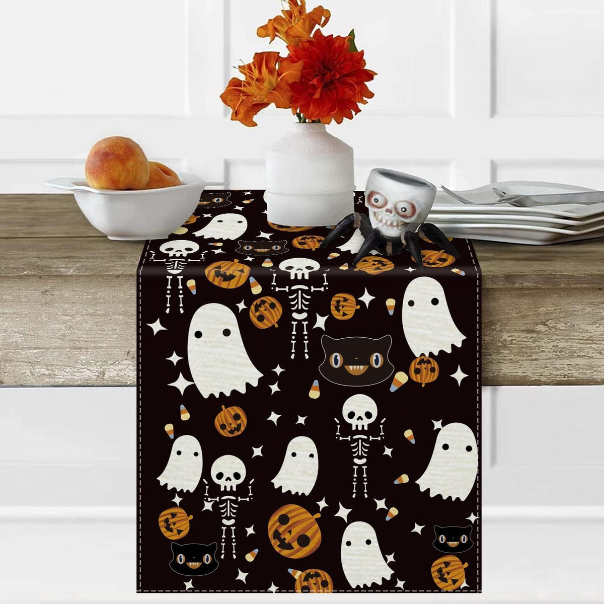 Halloween Table Runner Black Cat Pumpkins Seasonal Kitchen Dining Table Home Outdoor Party Decorations 13x120 Inch