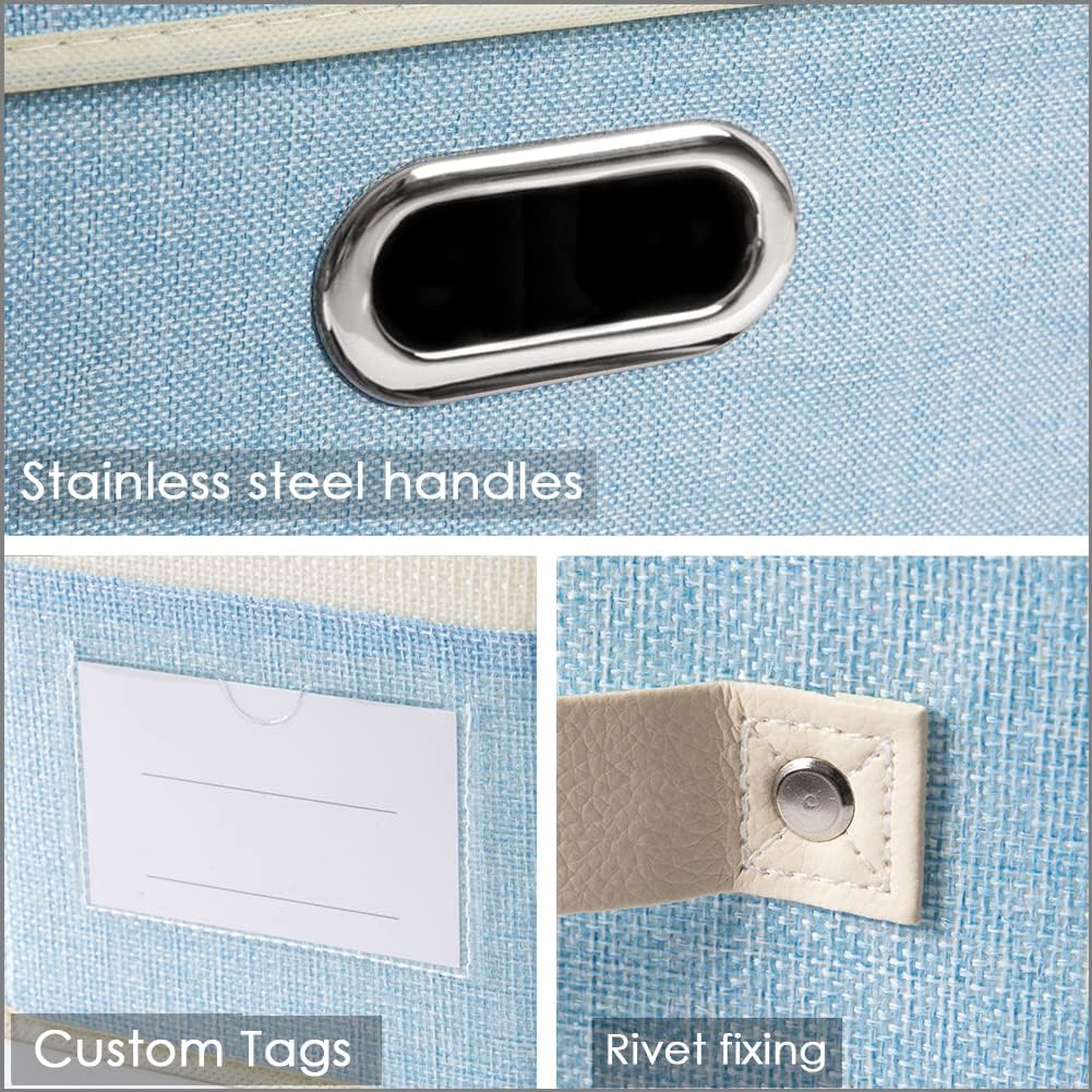 PRANDOM Collapsible Storage Bin with Lid [3-Pack] Fabric Foldable Storage Box Organizer Container Basket Cube with Cover for Home Bedroom Closet Office Nursery Blue&Cream(14.9x9.8x9.8)