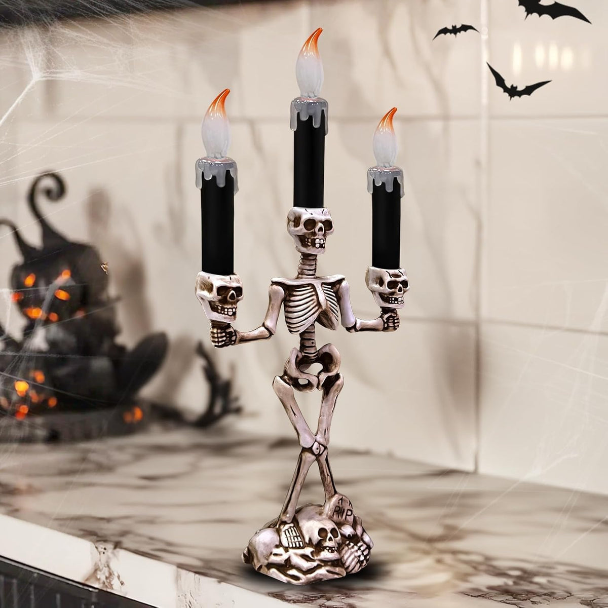 TURNMEON 2 Pack Halloween Candelabra with LED Flame Less Candles Holder Battery Operated Flickering Lights Skull Candles for Halloween Decorations Indoor Home Table Mantel Party Haunted Mansion Decor