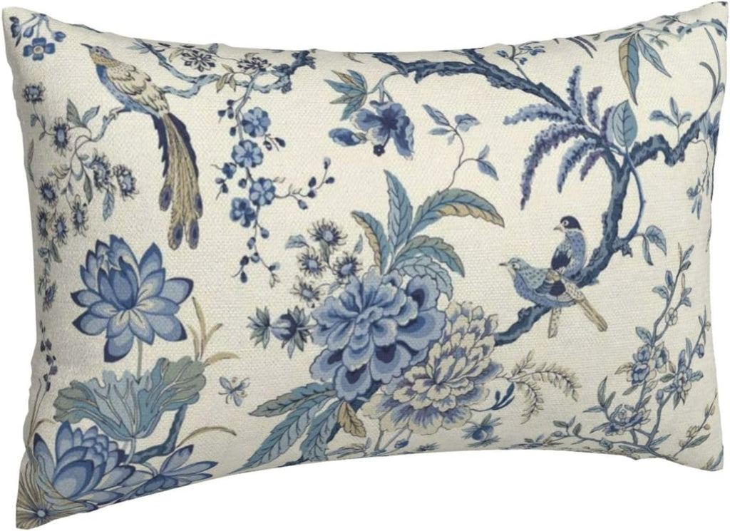 CXMEIFLY Spring Floral Birds Pillow Covers 12 x 20 Inch Set of 2 for Chinoiserie Flowers Decor Throw Pillows Blue and White Plant Outdoor Decorative Cushion Cases for Couch Bed Decorations