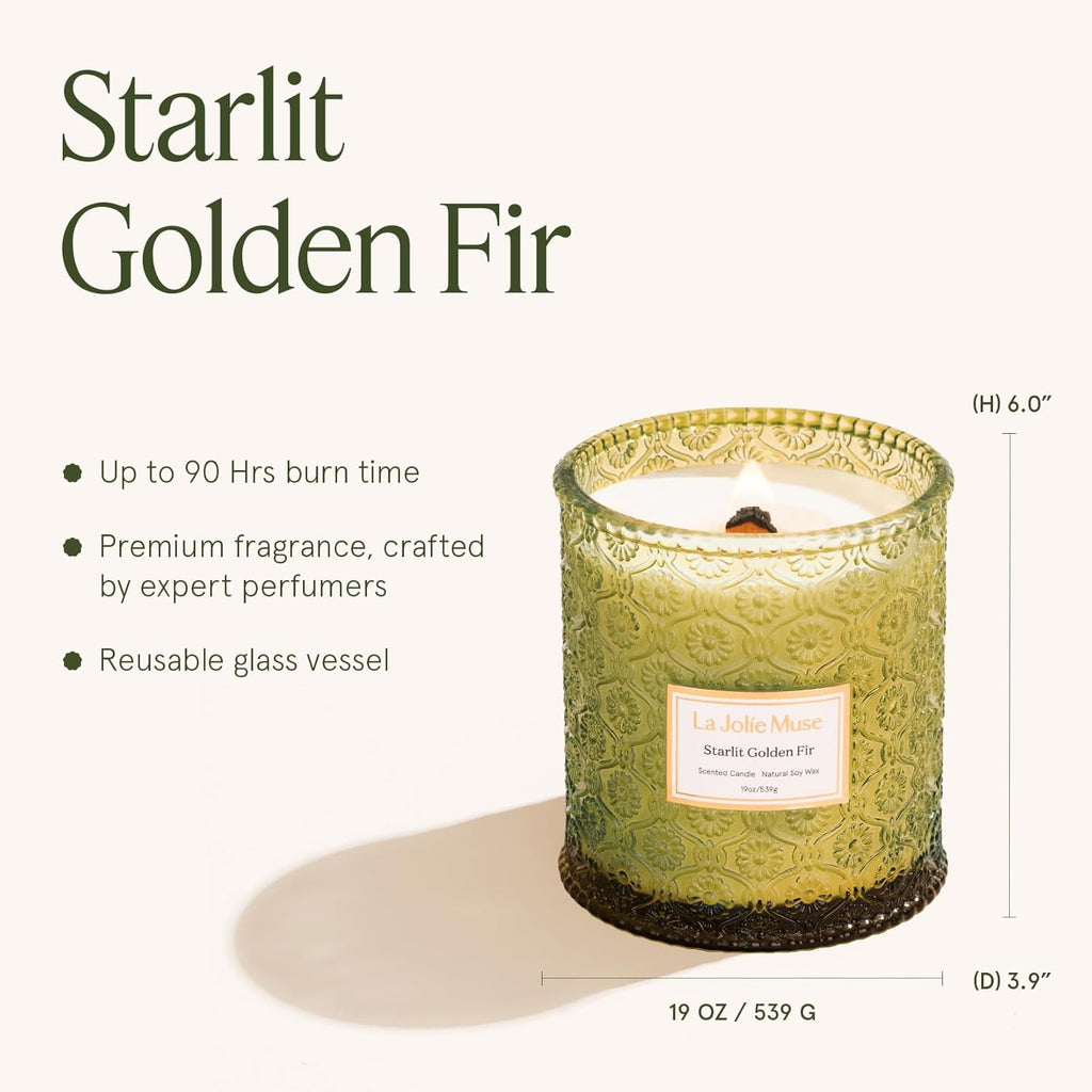 LA JOLIE MUSE Christmas Candles, Starlit Golden Fir Candle – Pine, Cedarwood, Fir Balsam | 19 oz Large Wooden Wick Candle | Natural Soy Wax | 90 Hours Clean Burn | Gift-Ready for Hosts & Gatherings