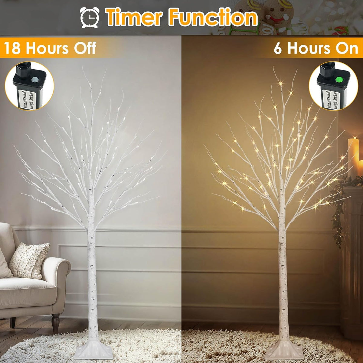 2 Pack 4FT 100LED Christmas Lighted Birch Tree, Timer Function Prelit Artificial Tree Lamp Plug in with Warm White Lights, 2 Modes Twinkling Twig Trees for Indoor Outdoor Party Christmas Decorations