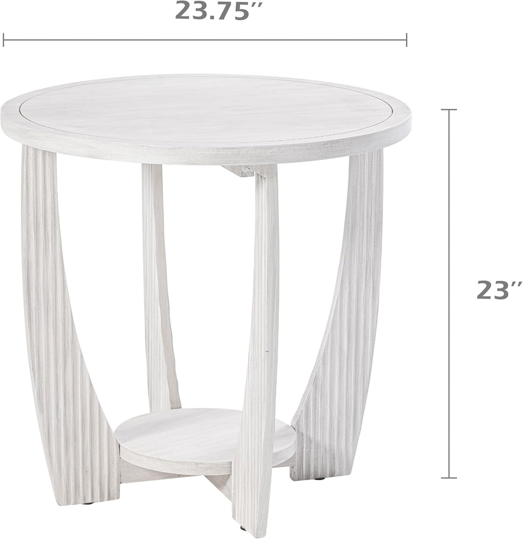 Rustic Farmhouse end Table X 2P with Storage Shelf, French Country Accent Side Table for Family, Dinning or Living Room, Small Spaces, Modern, Round, White