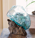Hand Blown Molten Glass & Teak Wood Terrarium/Vase/Fish Bowl - Premium Quality (7" - 9" High)