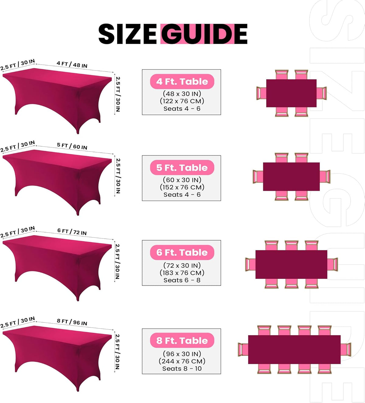 Utopia Kitchen 6FT Spandex Tablecloth [2 Pack, Fuchsia] 200 GSM Stretch, Fitted, Washable and Wrinkle Resistant Table Cloth Rectangle Cover for Trade Shows, Wedding, Parties [72Lx30Wx30H Inch]
