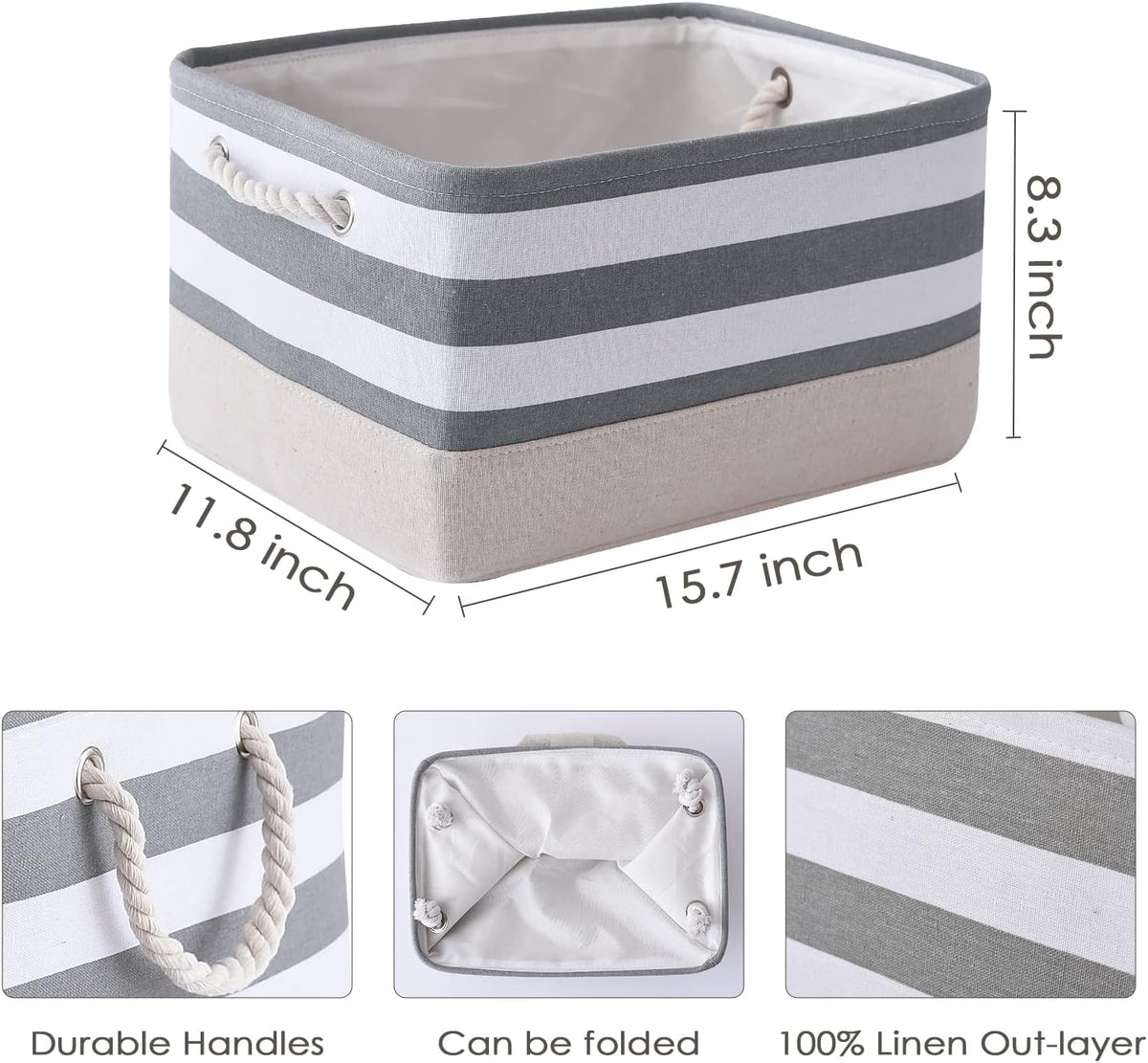 TheWarmHome Storage Basket Fabric Basket with Handles Dog Toy Basket Cloth Storage Bin Shelf Basket Decorative Storage Basket Shoe Basket Gift Basket(Grey&White Stripes-1 Pack,15.7L×11.8W×8.3H)