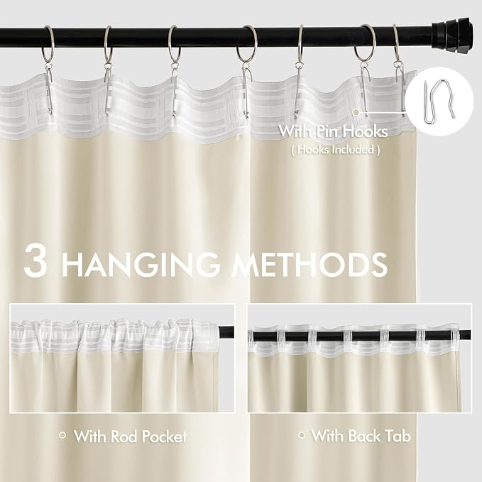 MIULEE Birch Back Tab Blackout Curtains 52x102 Inch Long 2 Panels Set | Rod - Image 3