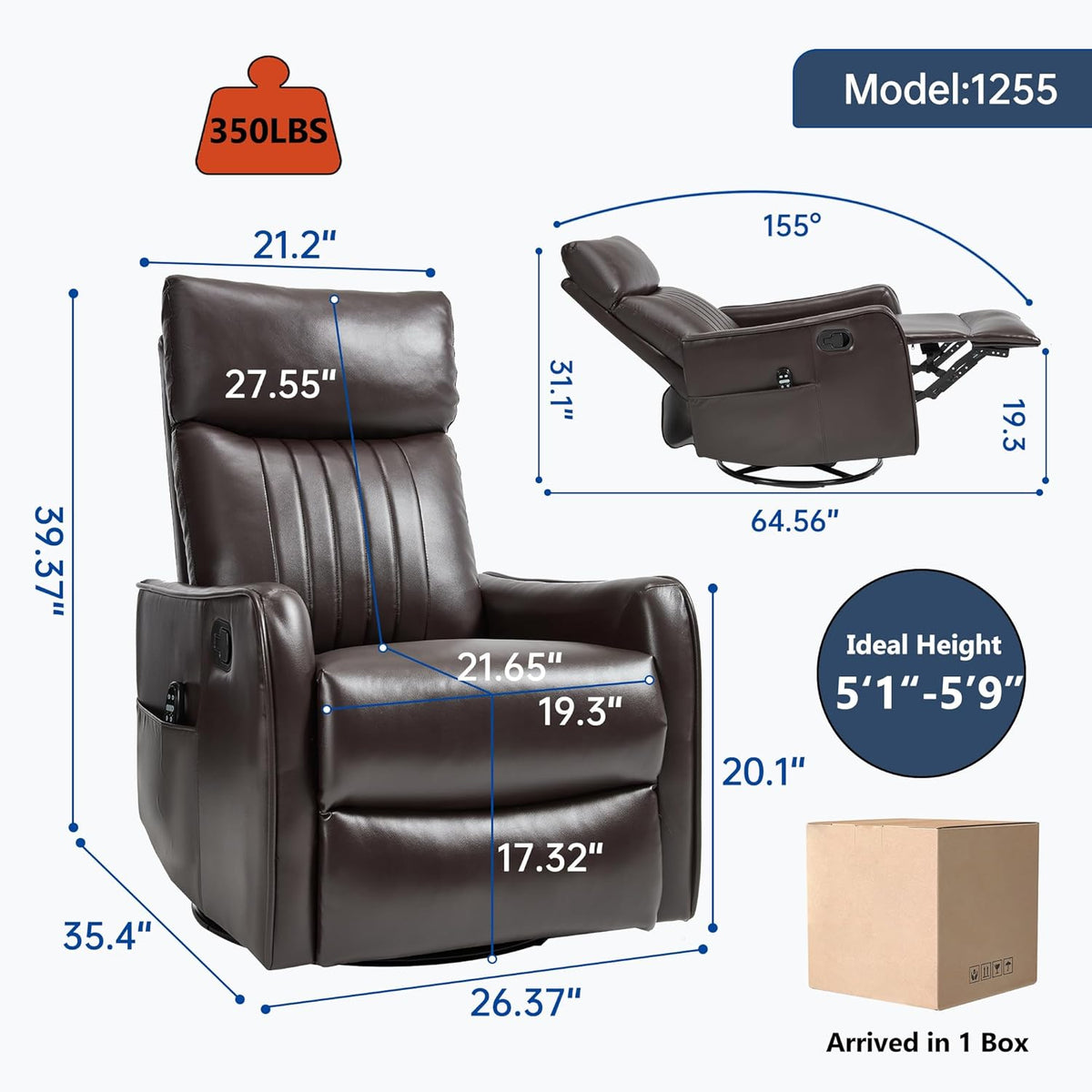 Manual Swivel Rocker Recliner Chair for Adults, Overstuffed Reclining Glider Chair for Nursing with Vibration Massage & Heat, Living Room Rocking Recliner 2-Stage backrest, Faux Leather Brown