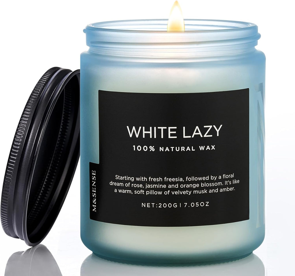 M&SENSE White Lazy - Clean Cotton & Jasmine Scented Natural Soy Wax Jar Candles for Home Decor 7.05oz 50 Hour Long Lasting Burning, Non Toxic Organic Natural Relaxing Candle for Women