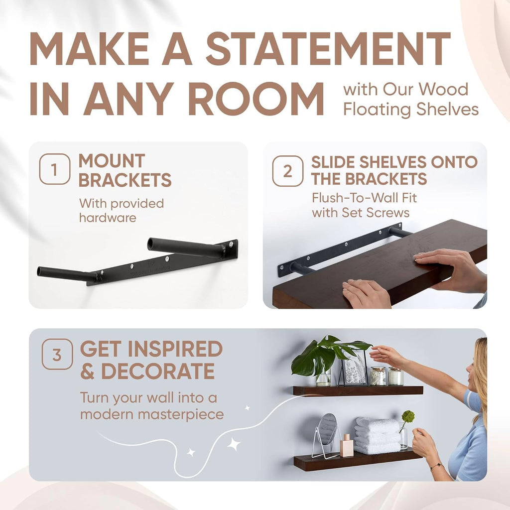 Homeforia 24inch Walnut Floating Shelves for Wall, High End Solid Real Wood 24in Floating Shelf for Bathroom, Dark Brown 24 inch Long Floating Shelves, Heavy Duty Bracket, 24 X 6.5 X 1.75 in, Set of 2